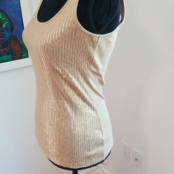 EXPRESS Vintage 90s Sequined Ribbed Tank Tan XS - Picture 3 of 5